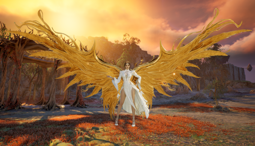 Character with large golden Blazing Sun Wings spread wide at sunset