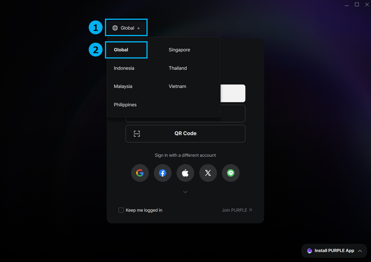 PURPLE login window with the region menu open and Global selected above Indonesia, Malaysia, Philippines, Singapore, Thailand and Vietnam