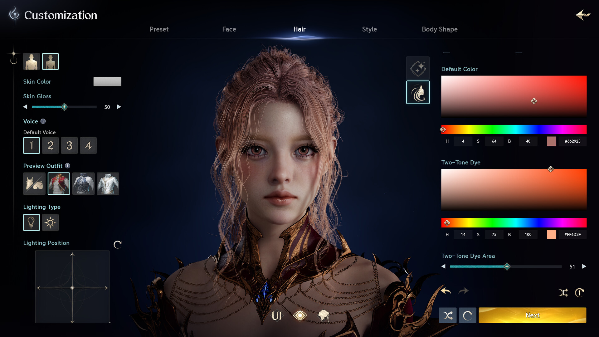 AION 2 Customization screen on the Hair tab with color pickers for hair