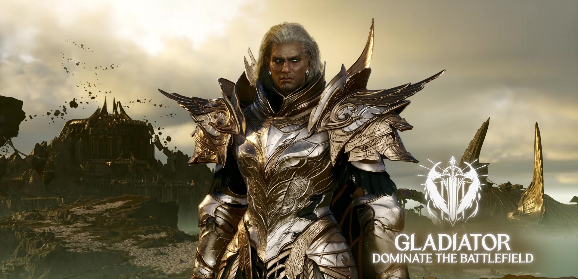 Gladiator title card from NC's class video, with a heavily armored greatsword fighter