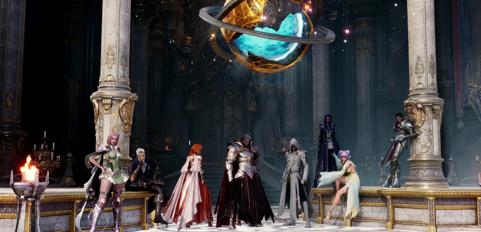 All eight AION 2 classes standing together in a grand hall