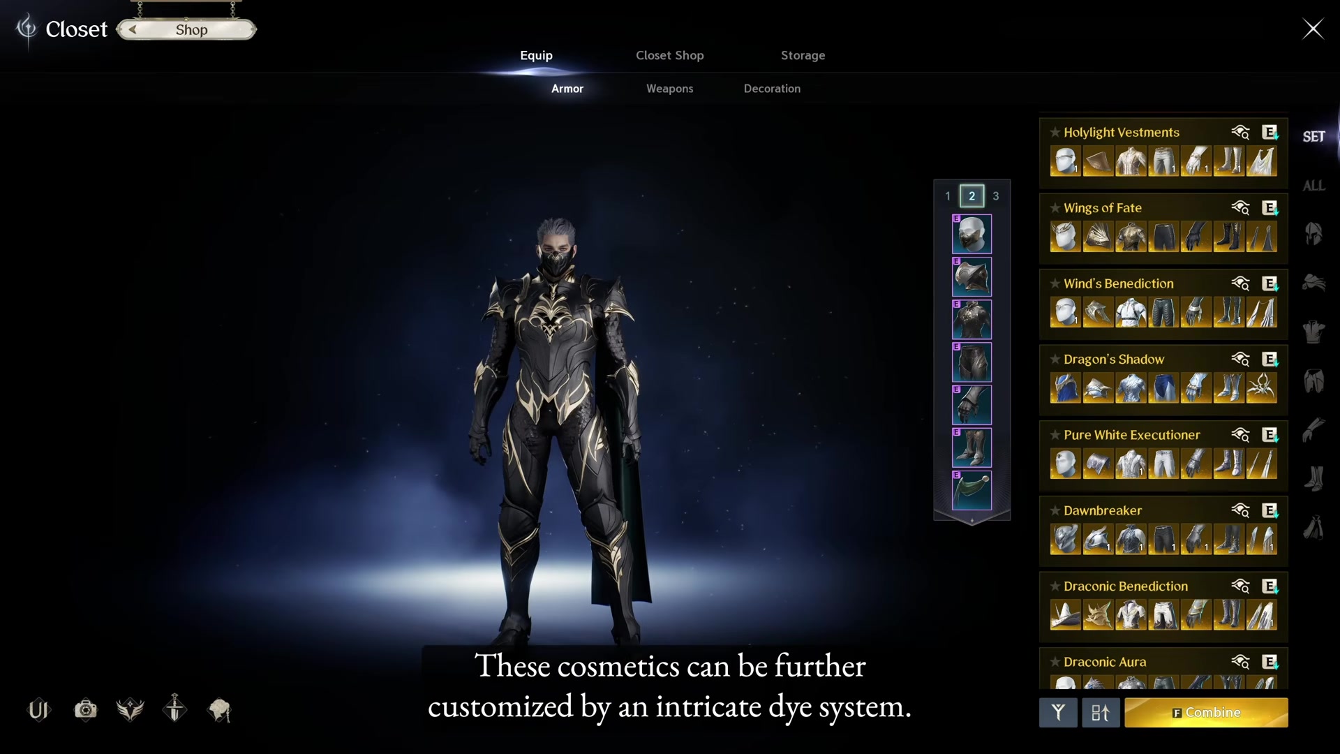 AION 2 Closet screen with Equip, Closet Shop and Storage tabs and a list of appearance sets